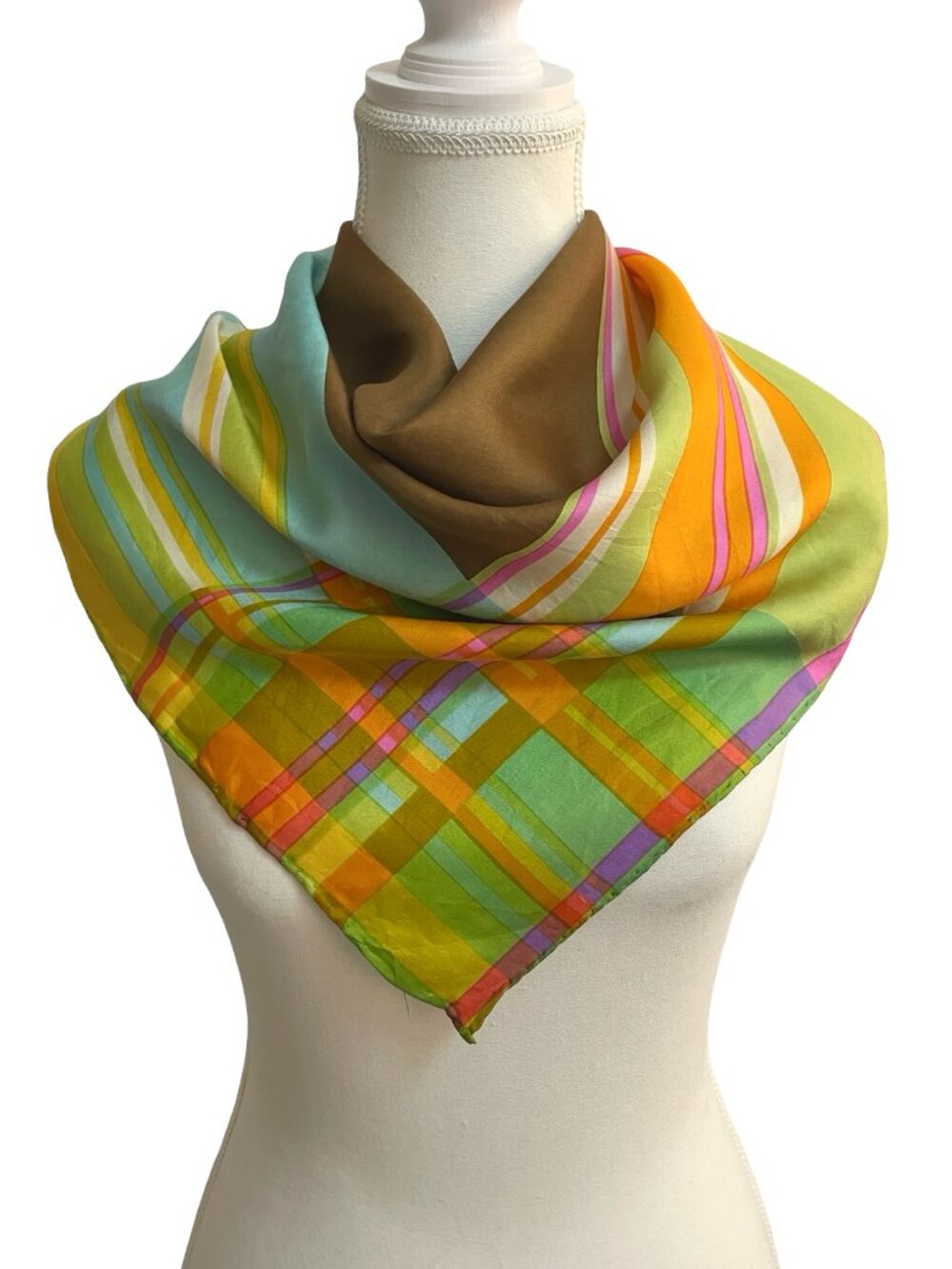 Vintage Plaid Silk Feel Scarf Pastel Green Orange Brown Hand Rolled 30 x 30